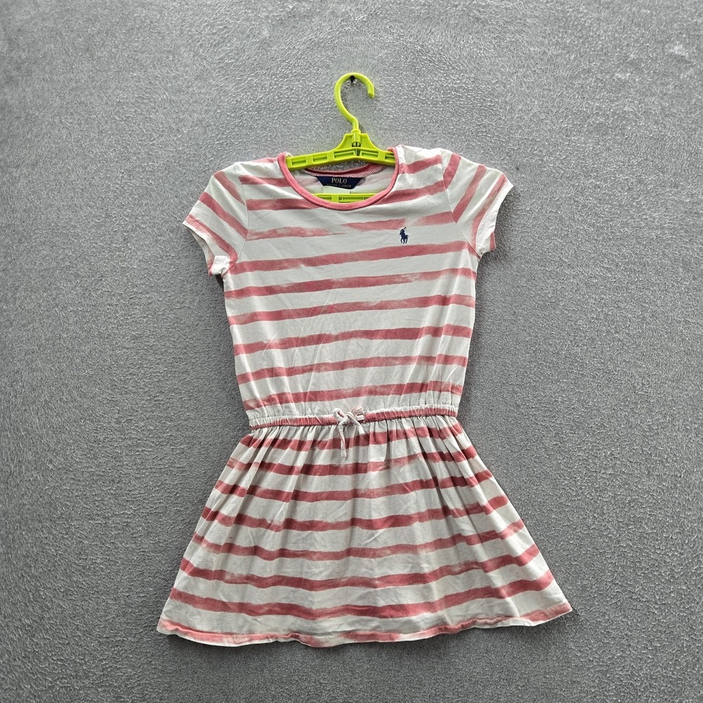 Polo Ralph Lauren Girls Dress M (8-10) White Embroidered Striped Fit Flare